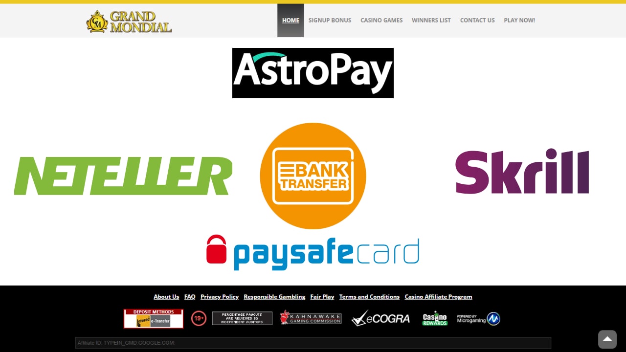 Grand mondial payment methods